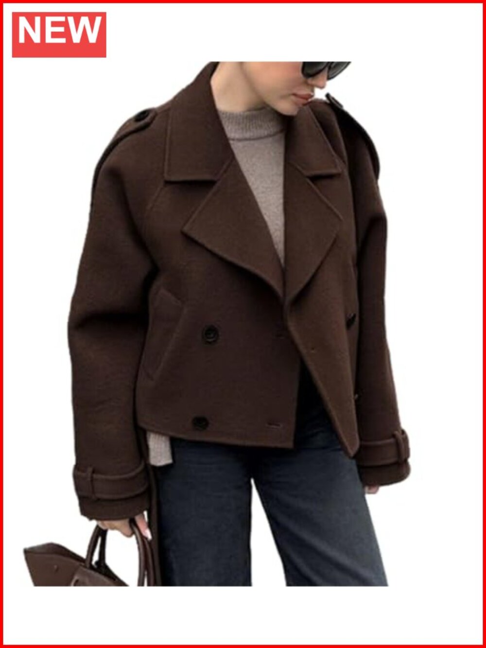 Women's Cropped Wool Blend Pea Coat Trench Lapel Collar Winter Jacket